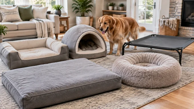 Different types of dog beds including mattress bolster cave and elevated styles
