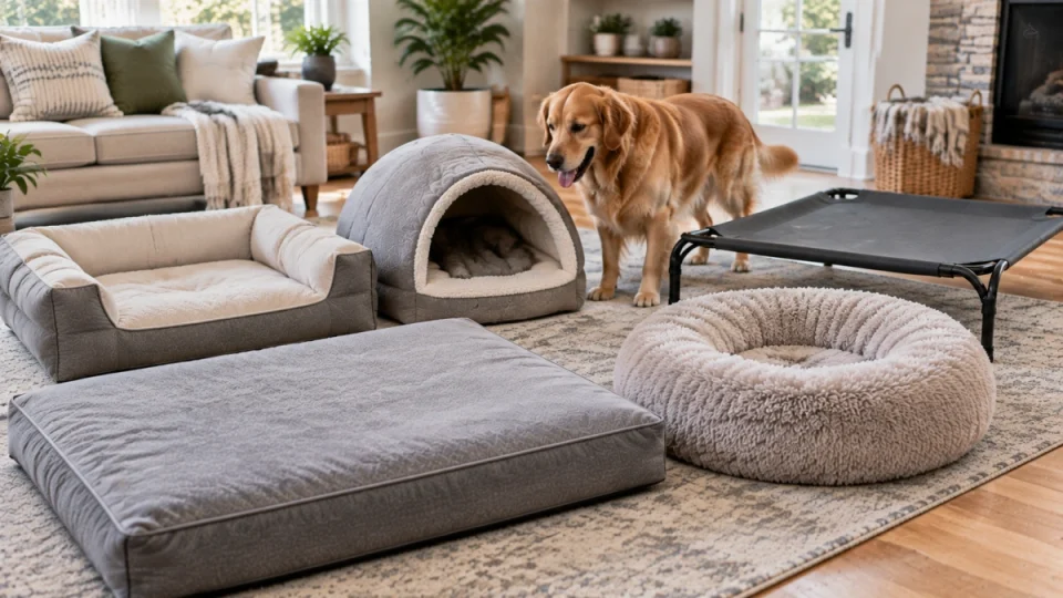 Different types of dog beds including mattress bolster cave and elevated styles