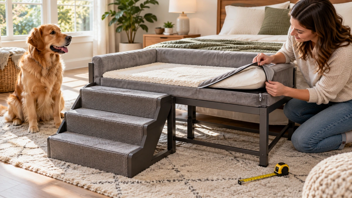 Owner checking the size and stability of a dog bed with steps