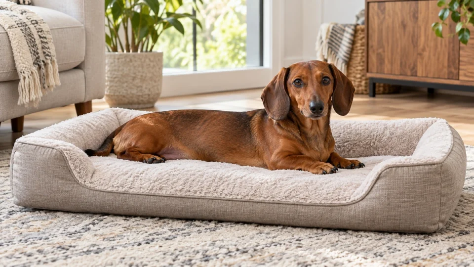 Dachshund resting on a long low entry supportive dog bed