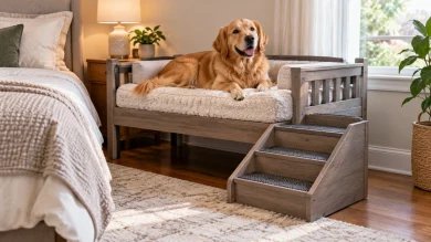 Dog bed with built in steps and raised sleeping platform