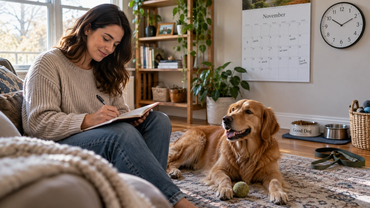 Dog owner keeping a simple behavior observation log at home