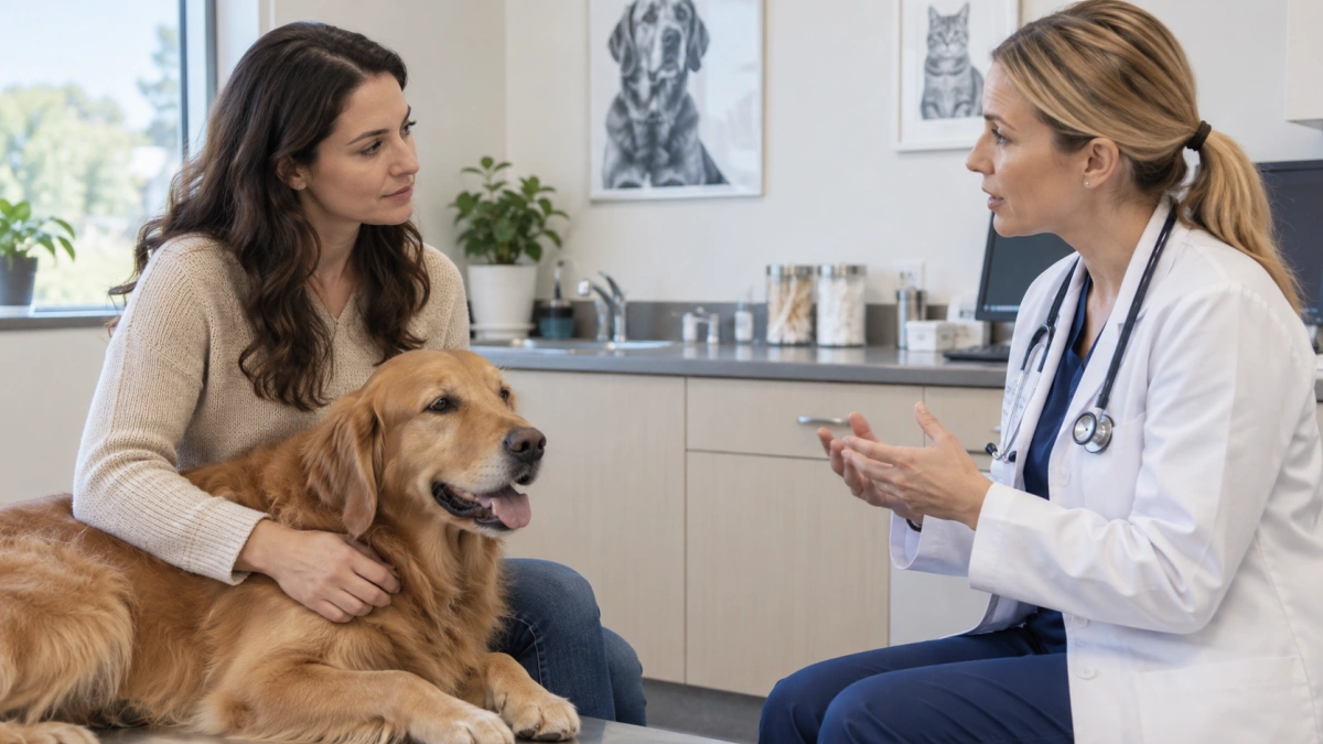 Dog owner discussing new behavior changes with a veterinary professional