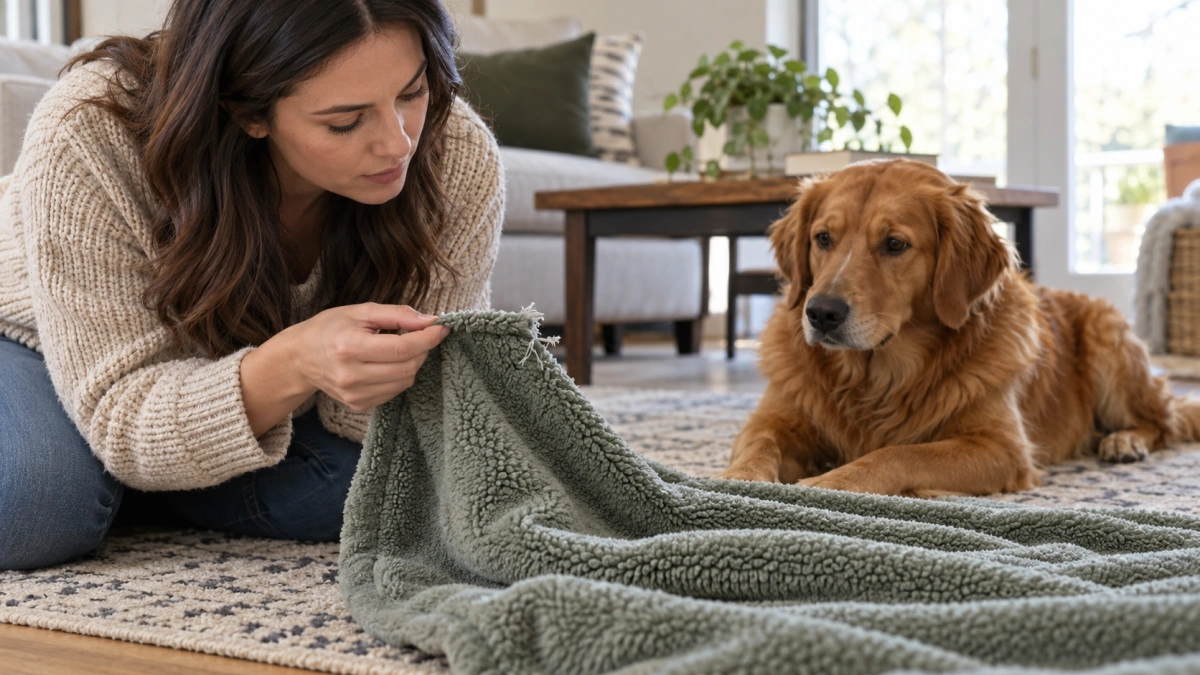 Owner checking a dog blanket for chewing damage and loose fabric