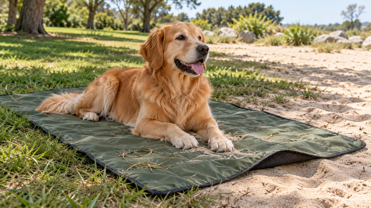 Outdoor dog blanket used on grass and sandy ground