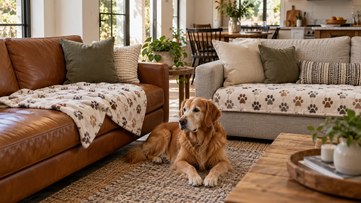 Dog blankets positioned on leather and fabric couches