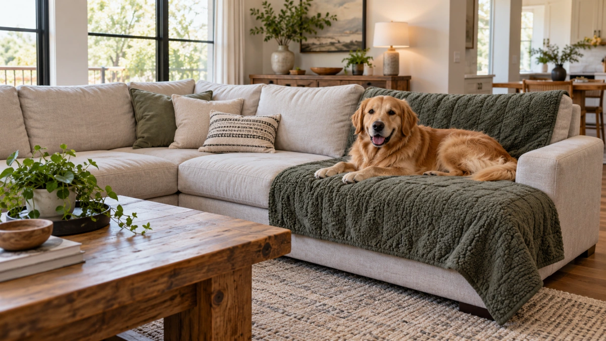 Dog blanket covering the main resting area of a sectional couch