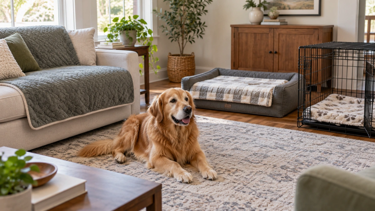 Dog blankets used on a couch dog bed and open crate