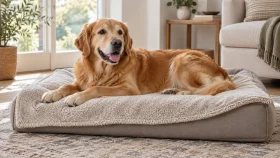 Dog resting on a properly sized blanket over a supportive dog bed