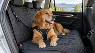 Dog riding on a protective blanket across the back seat of a car