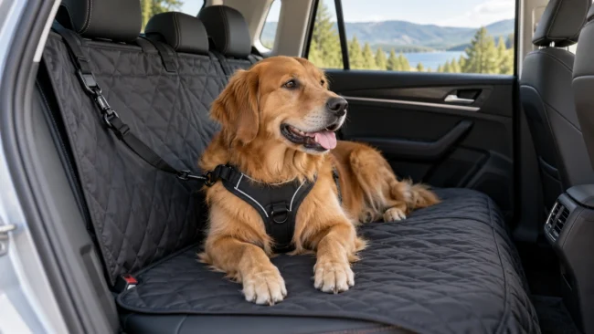Dog riding on a protective blanket across the back seat of a car