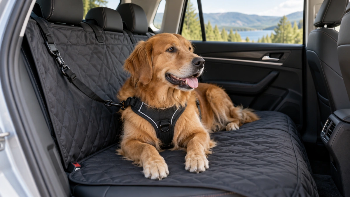 Dog riding on a protective blanket across the back seat of a car