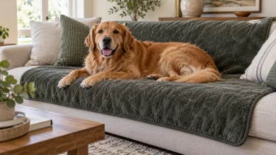 Dog resting on a washable blanket covering a living room couch
