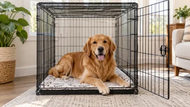 Dog resting on a lightweight blanket inside a properly sized crate