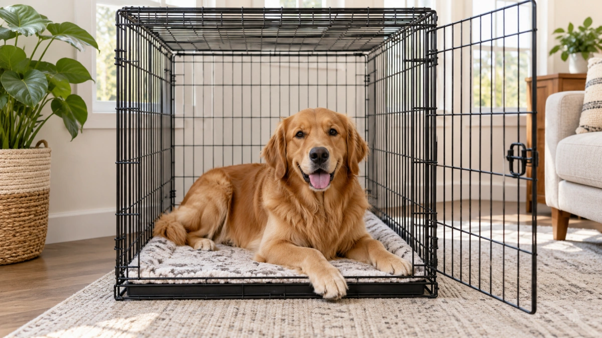 Dog resting on a lightweight blanket inside a properly sized crate