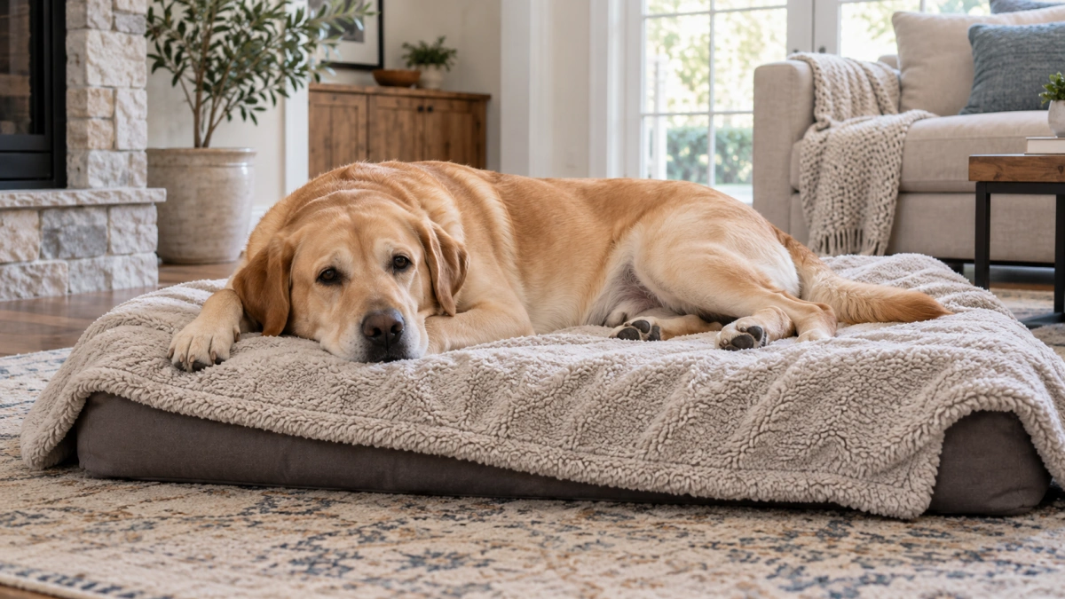 Large dog stretched comfortably on a properly sized blanket