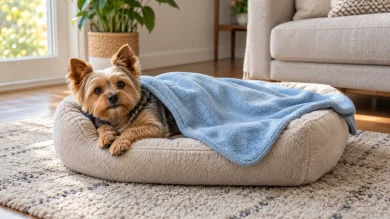 Small dog resting comfortably on a properly sized fleece blanket