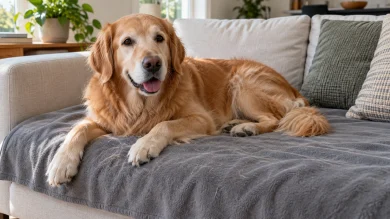 Dog resting on a low pile blanket that is easy to clean of pet hair