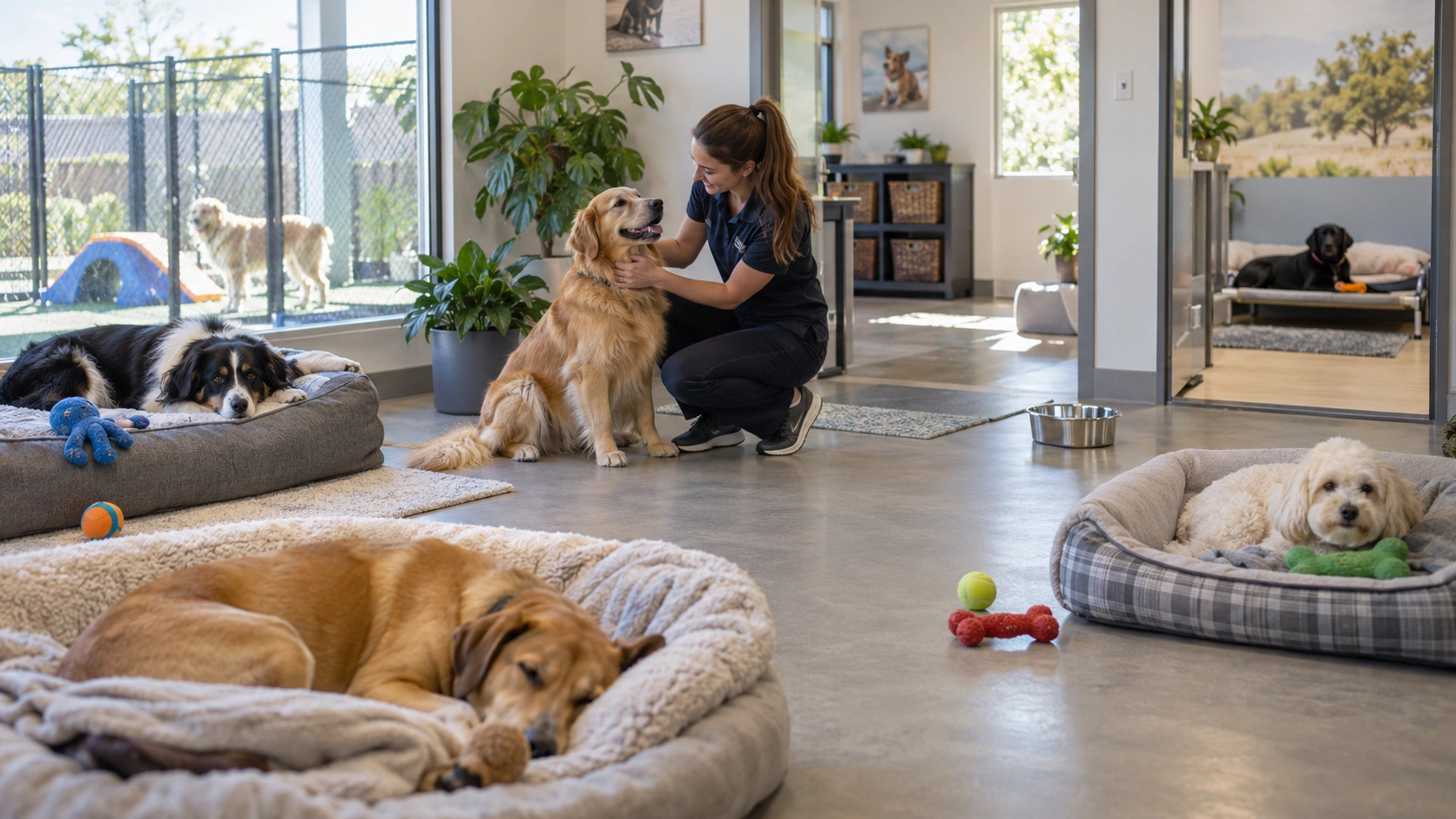 Dog staying comfortably at a professional boarding facility