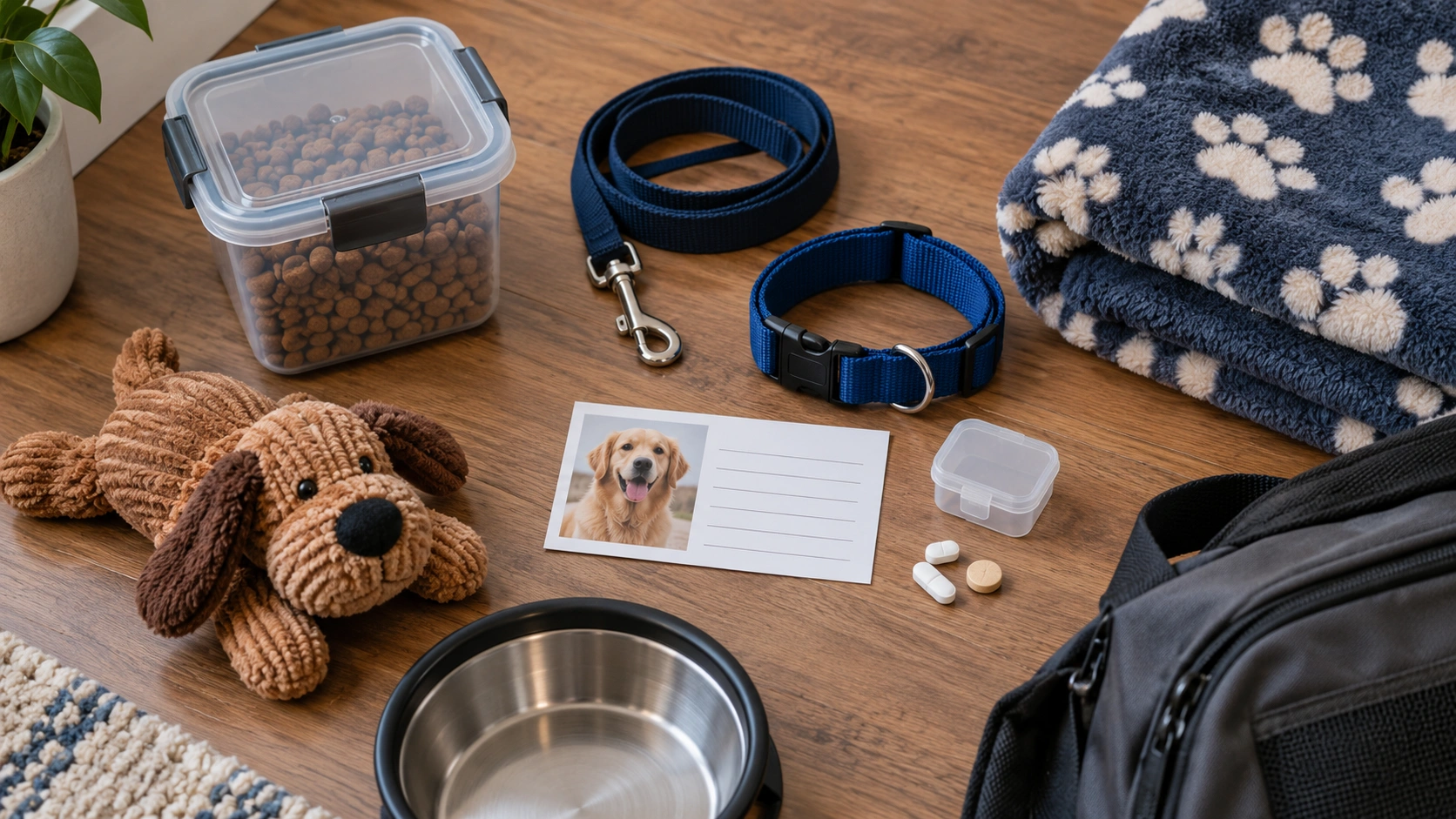 Dog owner preparing supplies before overnight boarding