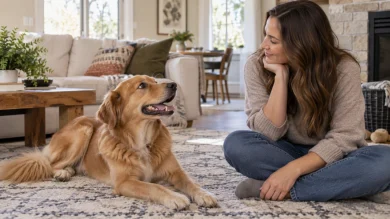 Dog owner learning to understand dog body language and behavior