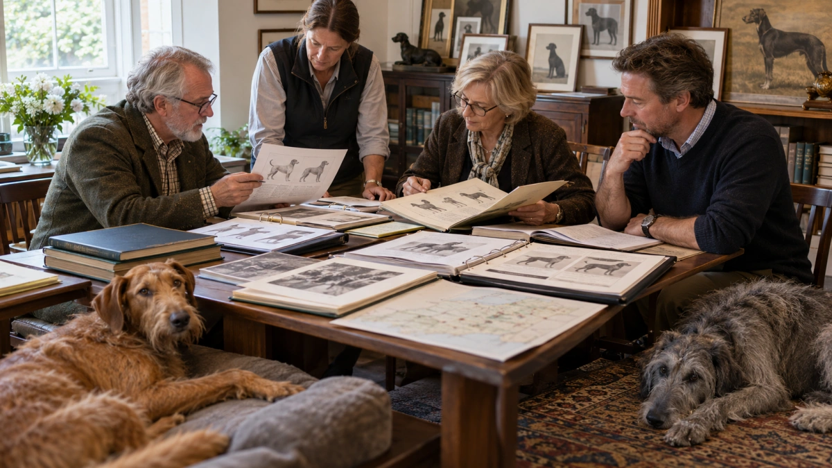 Breed club members reviewing pedigree records for dog breed recognition