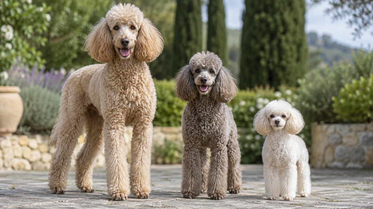 Standard Miniature and Toy Poodles showing breed varieties