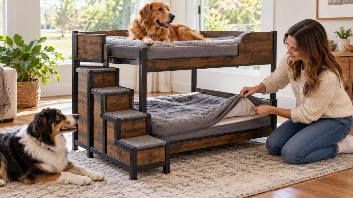 Owner checking dog bunk bed size stairs safety and construction