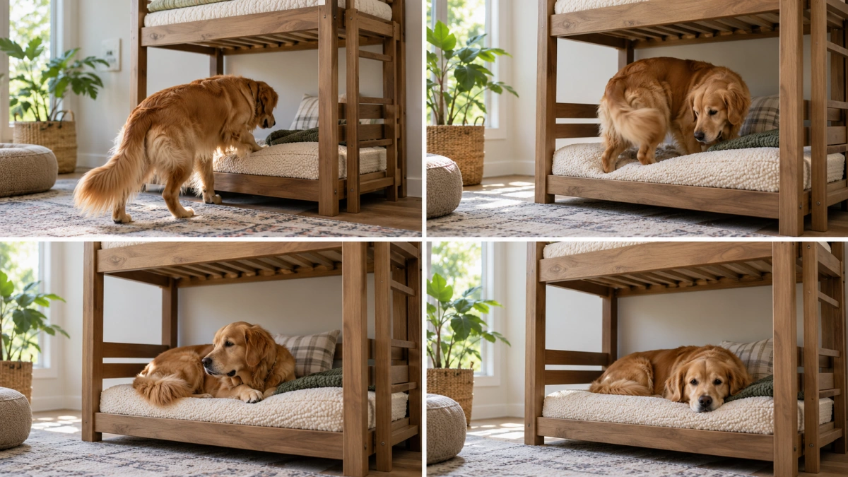 Dog resting comfortably with adequate headroom on a lower bunk