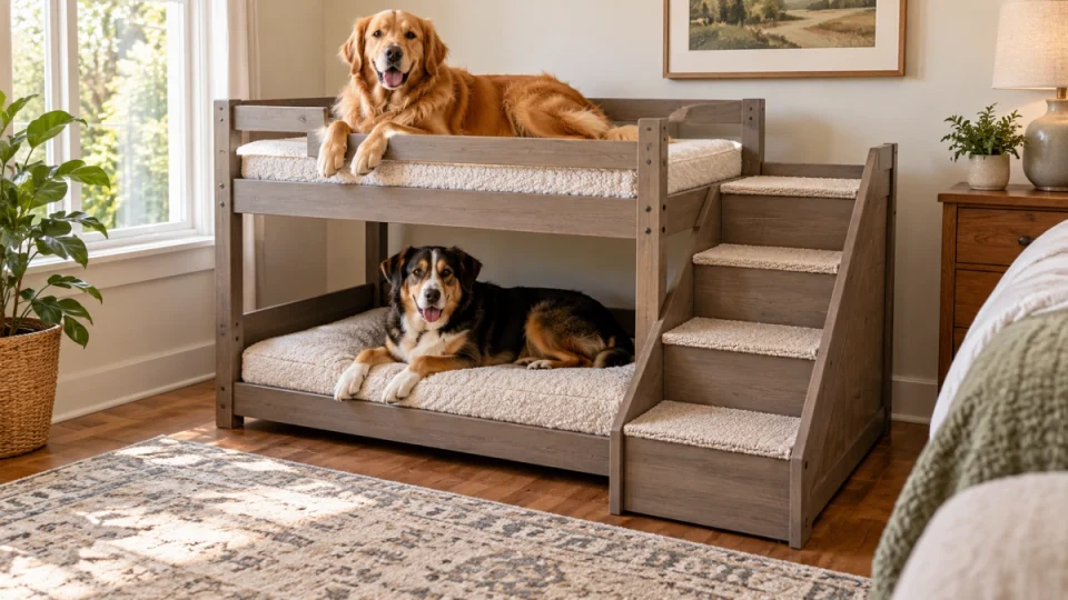 Dog bunk beds with two sleeping levels for a multi dog home