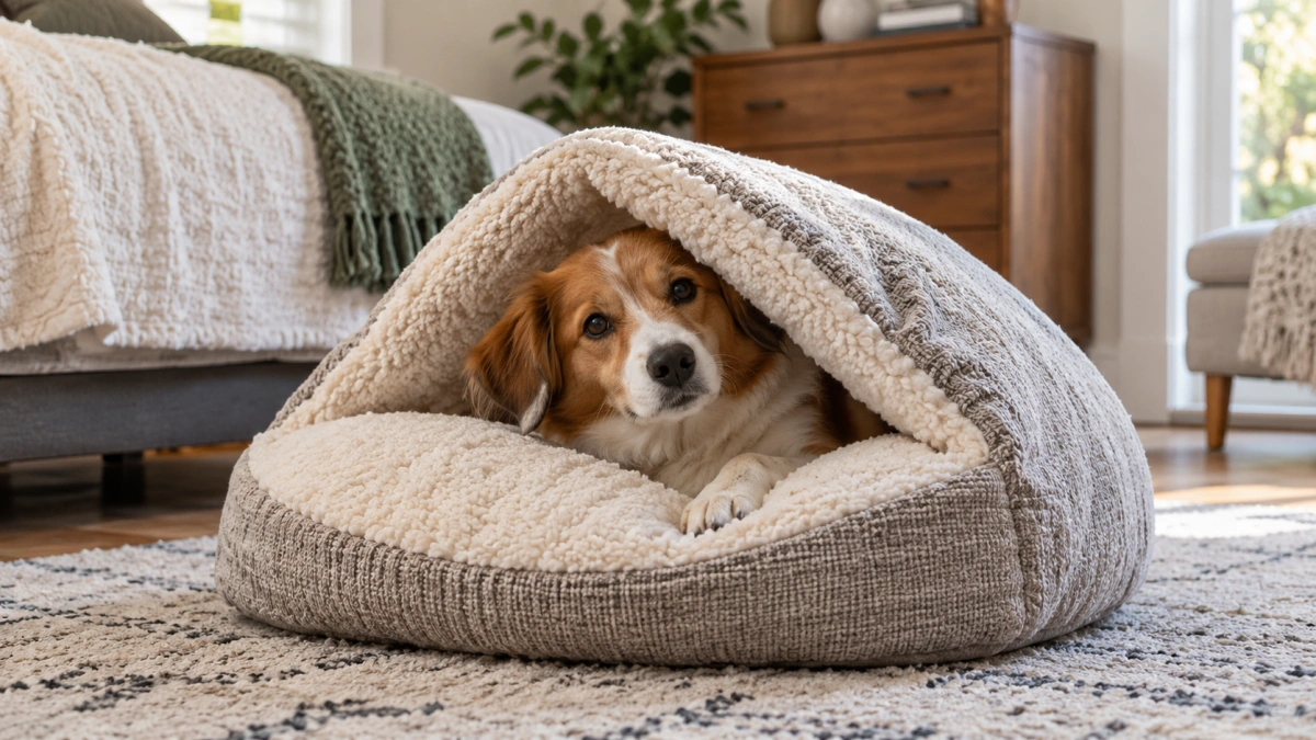 Dog naturally burrowing into a soft cave style dog bed