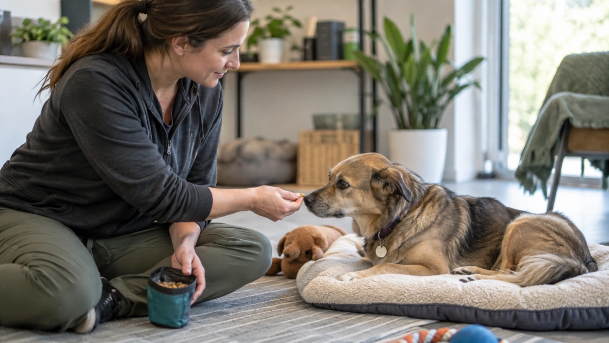 Dog receiving positive support during anxiety training
