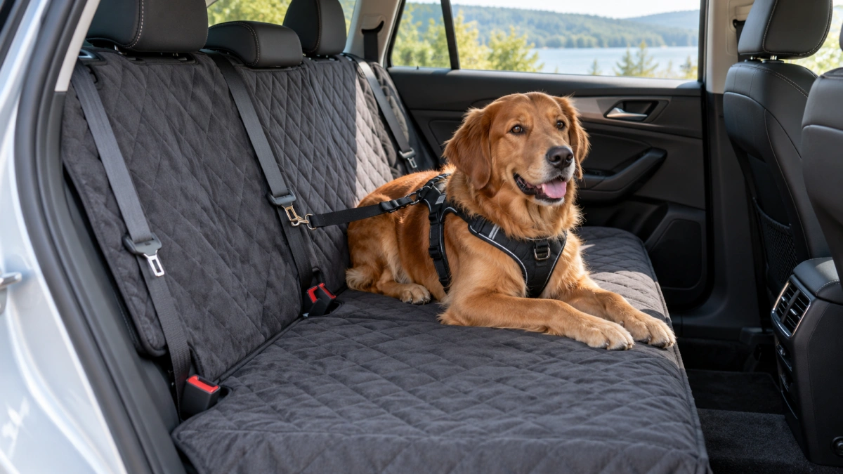 Dog car blanket covering the rear seat while keeping restraint access clear