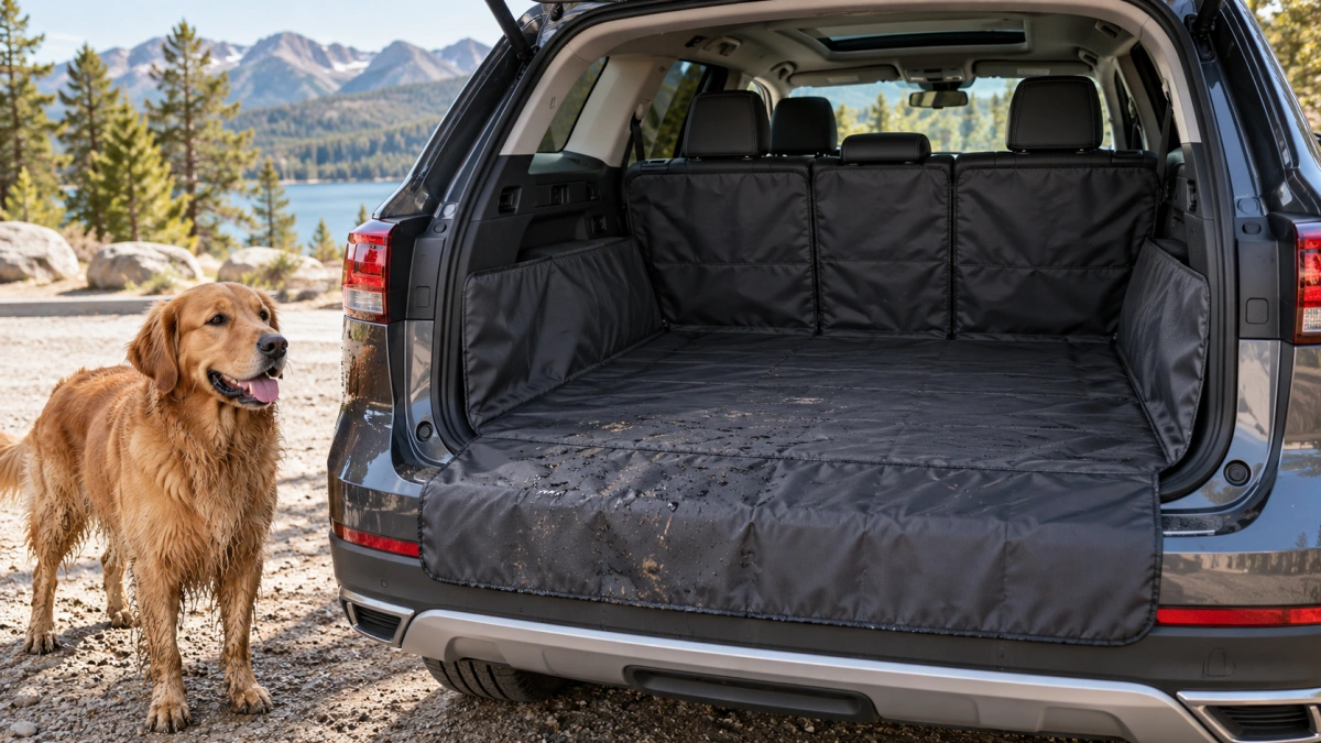 Dog cargo liner protecting an SUV trunk and bumper area