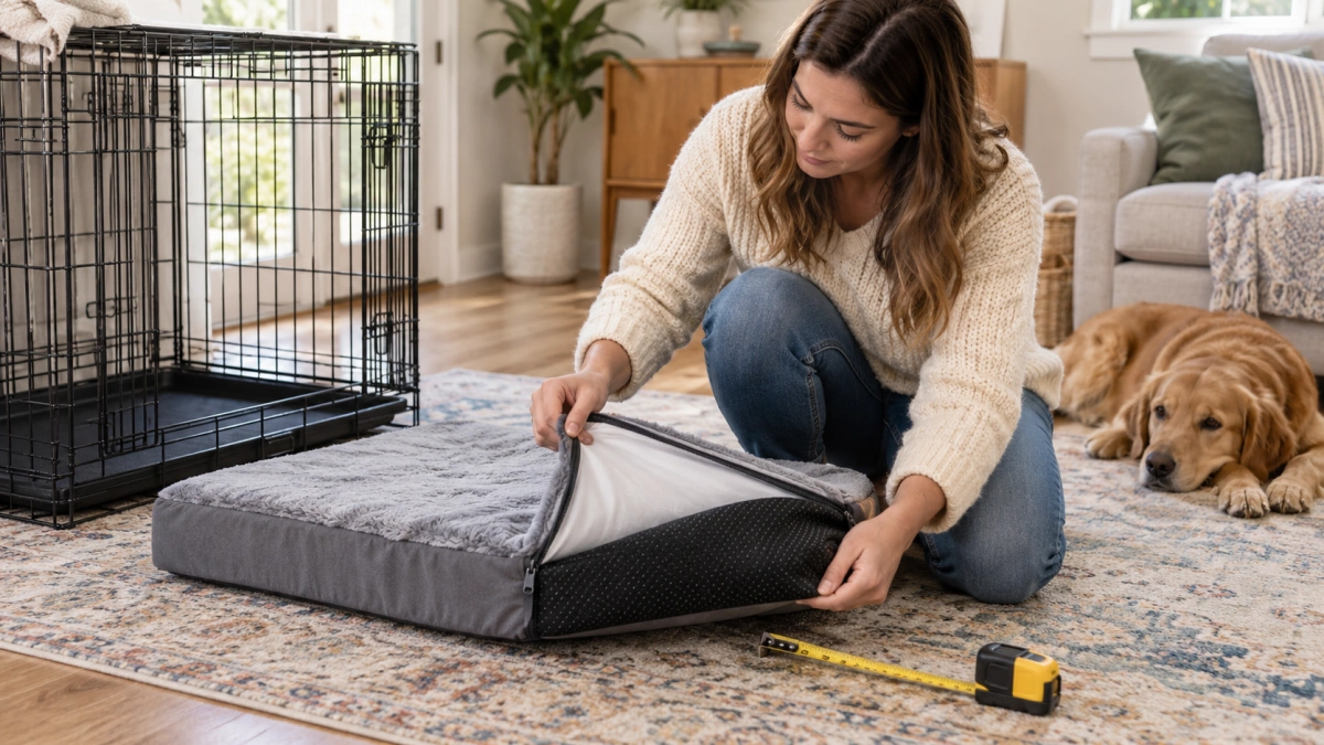 Owner inspecting a dog crate bed before placing it inside a crate