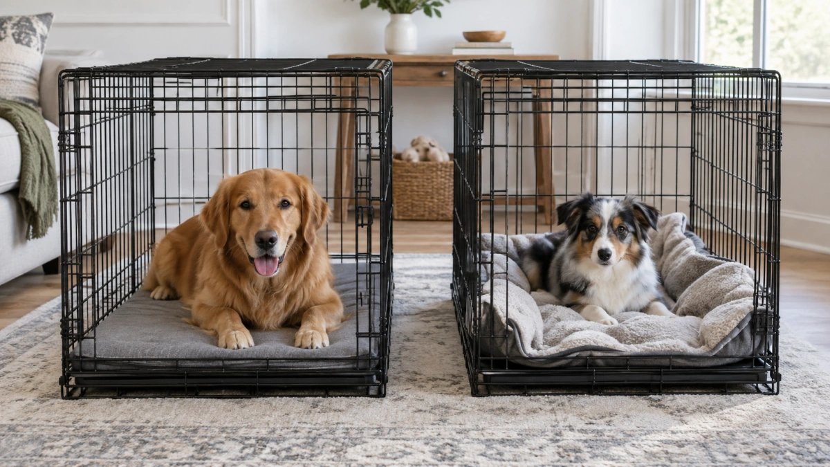 Properly fitted dog crate bed compared with an oversized bunched pad