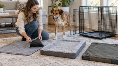 Owner choosing dog crate beds by size washability and chew resistance