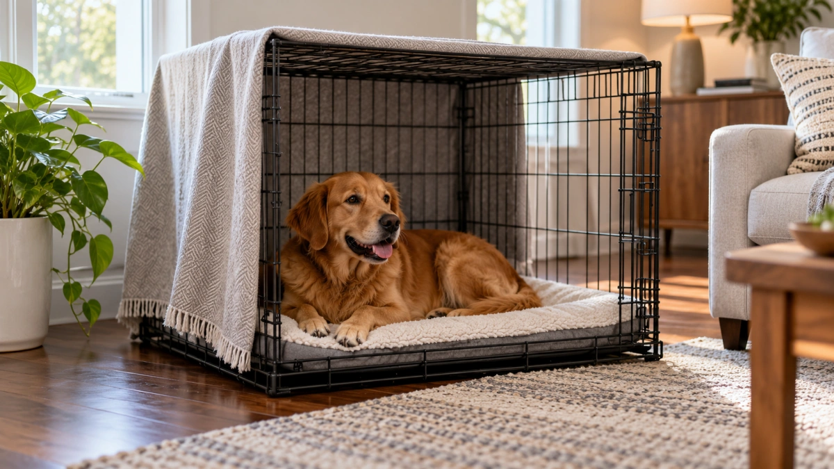 Wire dog crate partially covered while keeping ventilation open