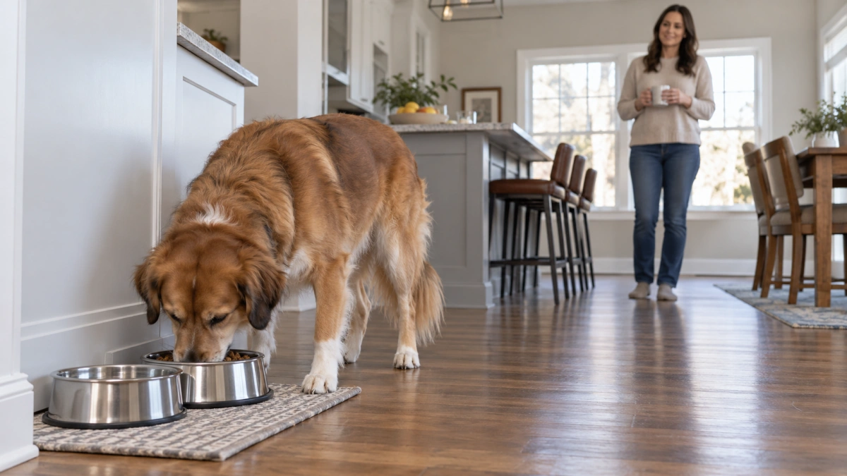 Dog showing food guarding behavior around a food bowl