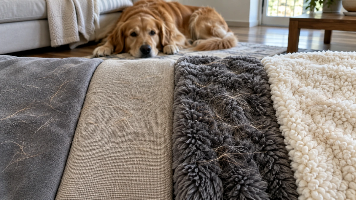 Smooth low pile and fluffy dog blanket fabrics compared for pet hair