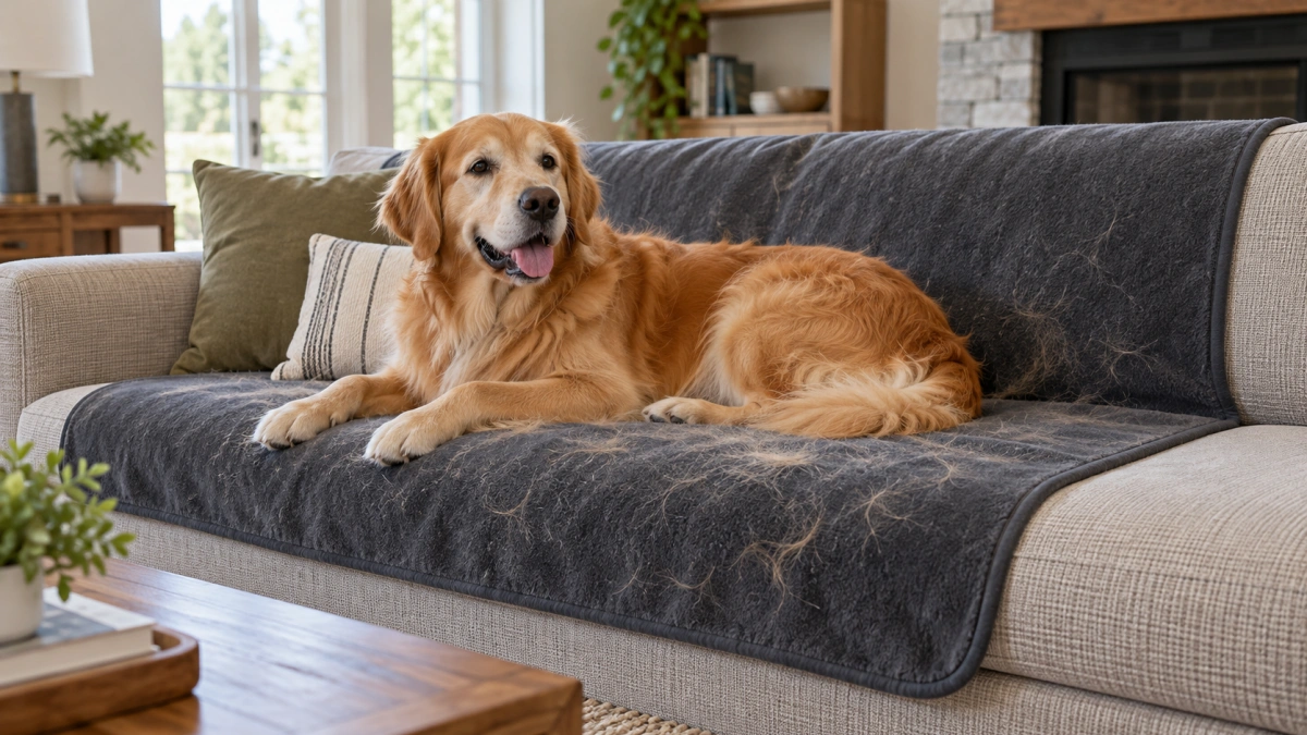Washable dog blanket protecting a couch from loose pet hair
