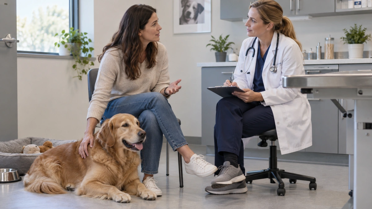 Dog owner discussing nighttime behavior changes with a veterinarian