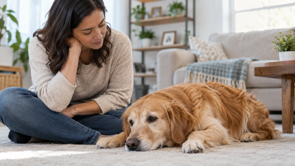 Owner observing a dog for possible signs of physical discomfort