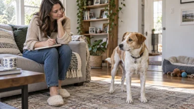 Dog owner understanding indoor peeing behavior and routine changes