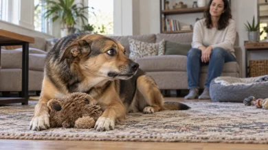 Dog showing resource guarding behavior around a valued object