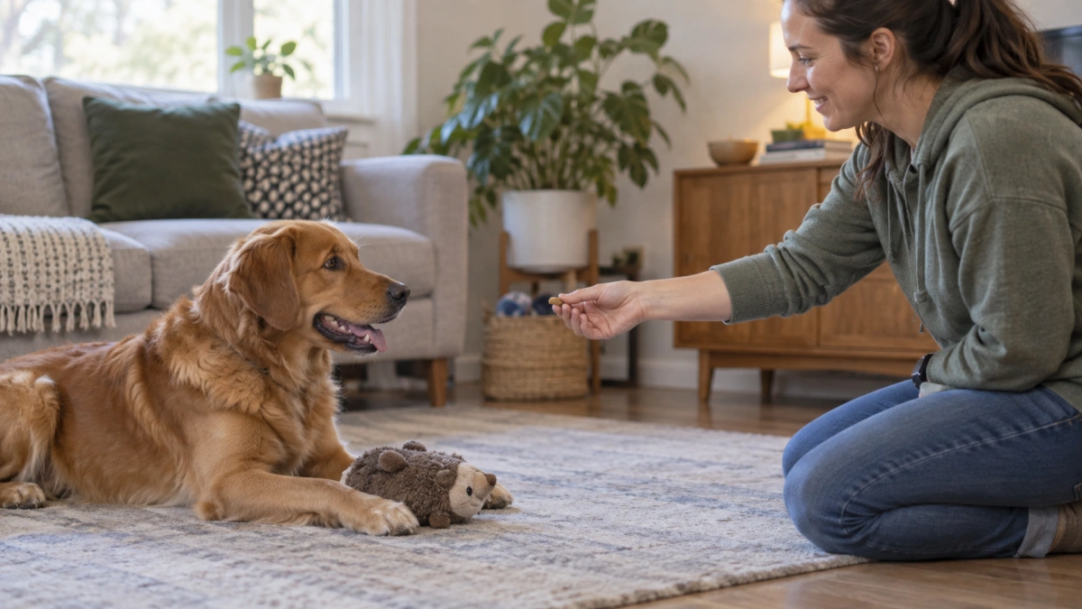 Dog practicing positive trade training for resource guarding