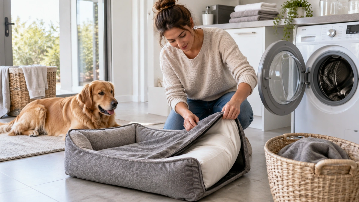 Owner cleaning a washable dog sofa bed cover