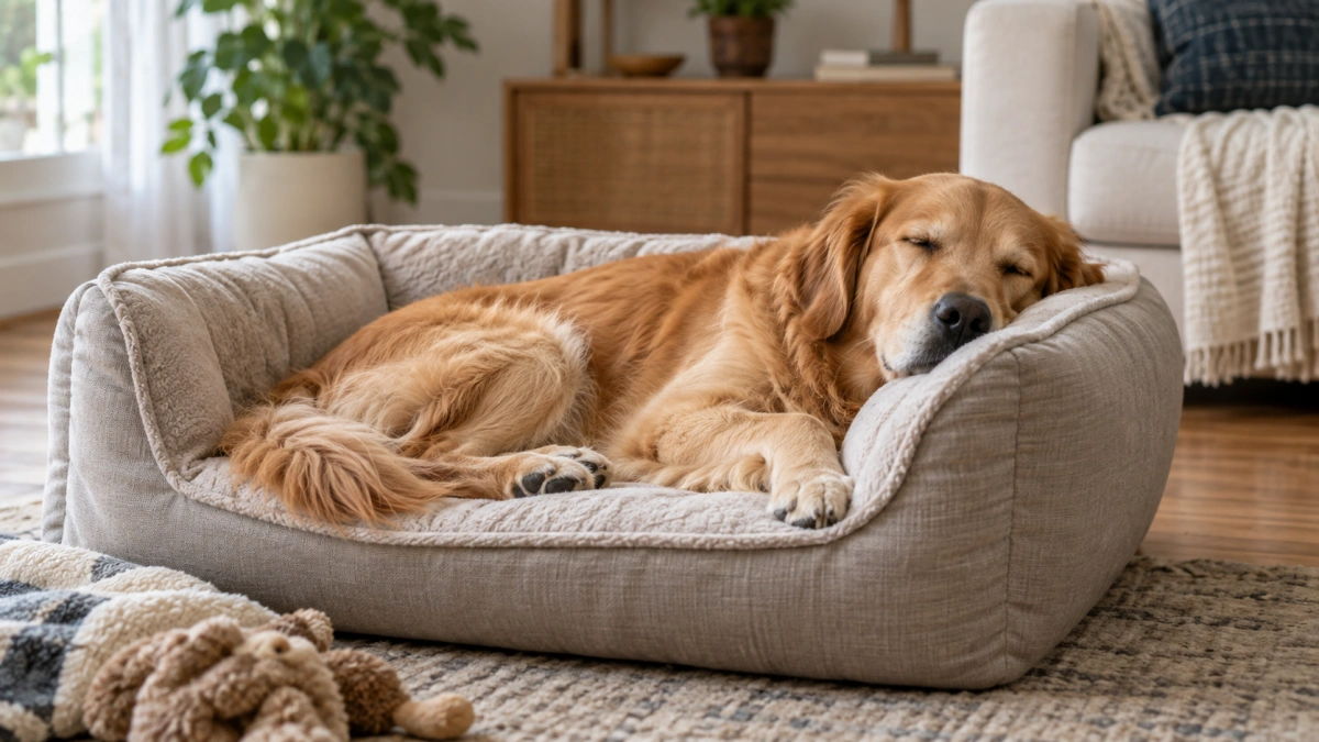 Dog relaxing against the raised edges of a sofa style bed