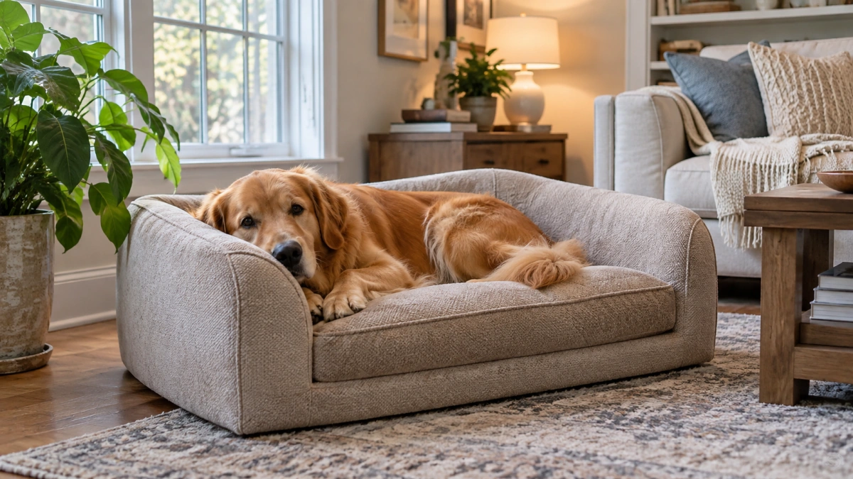 Dog resting on a couch style sofa bed in a modern home