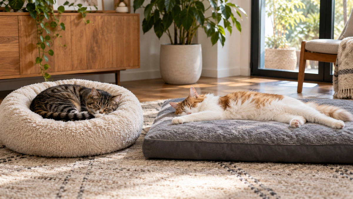 Curled cat in donut bed and stretched cat on rectangular bed